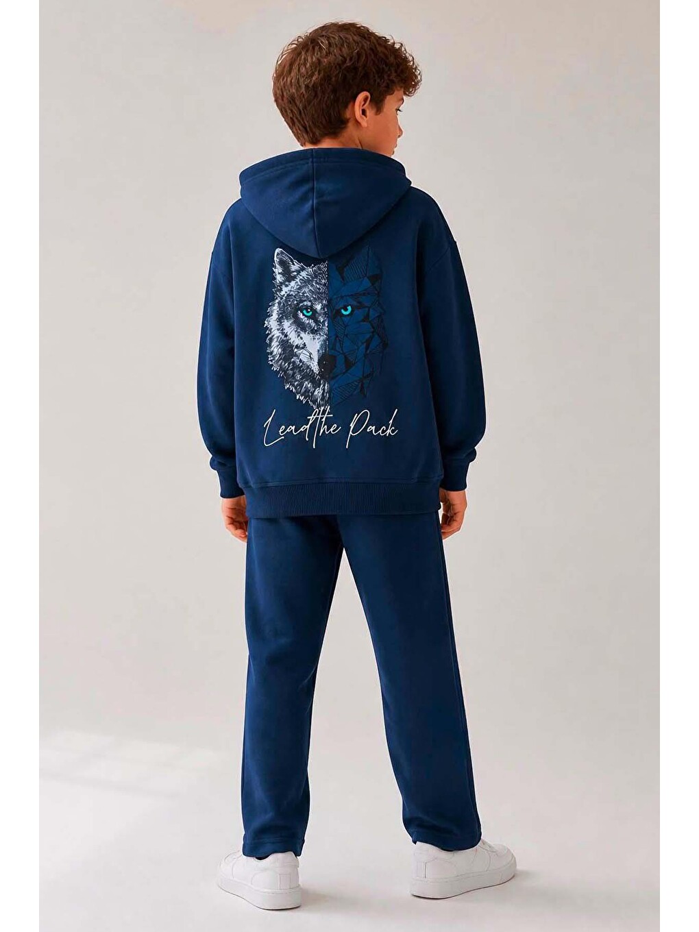 Erkek Çocuk Önü Ve Arkası Çizim Baskılı Kapüşonlu Sweatshirt Lacivert Eşofman Takım-2