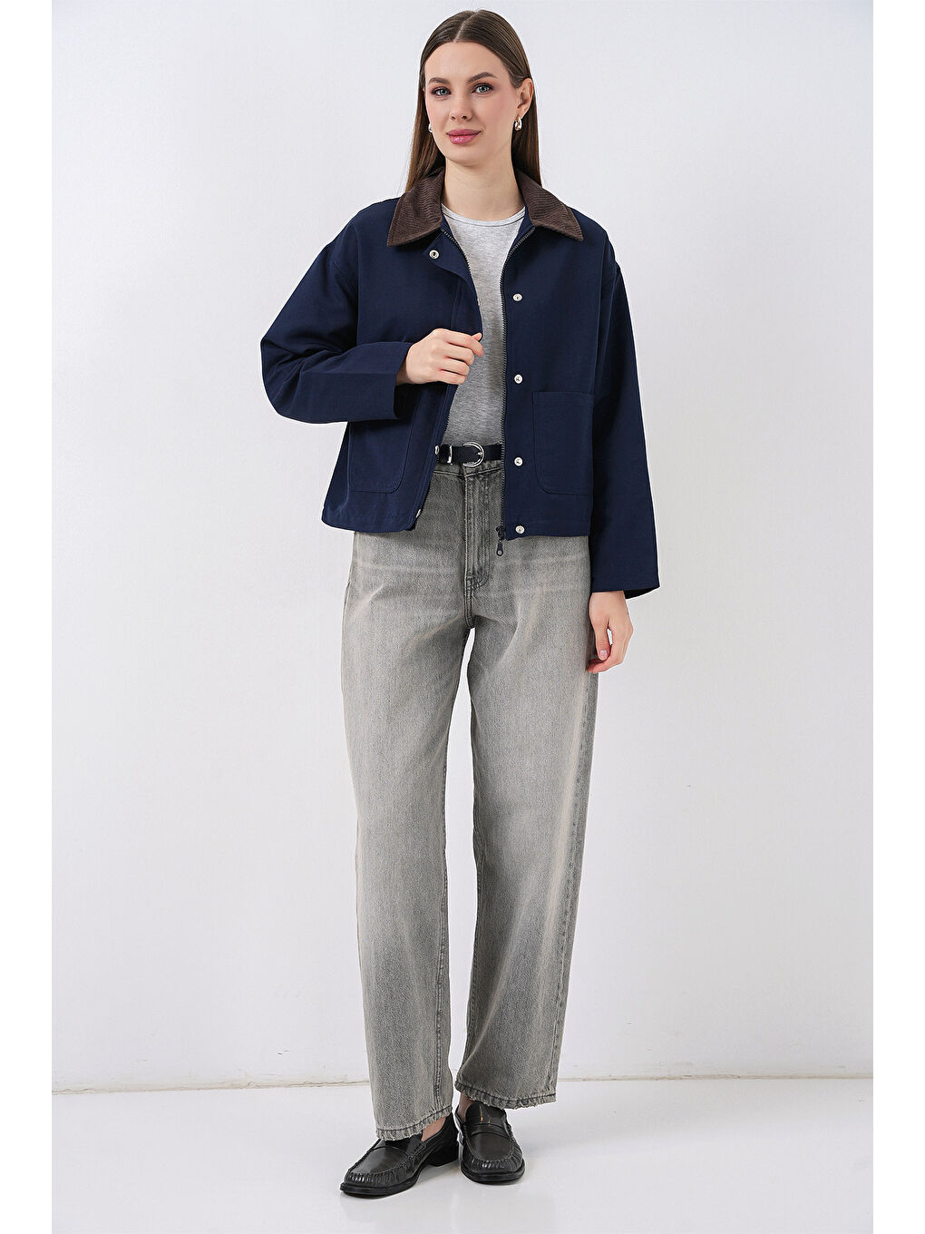 Kadın Cep Detaylı Kısa Ceket 5975 - Lacivert-1