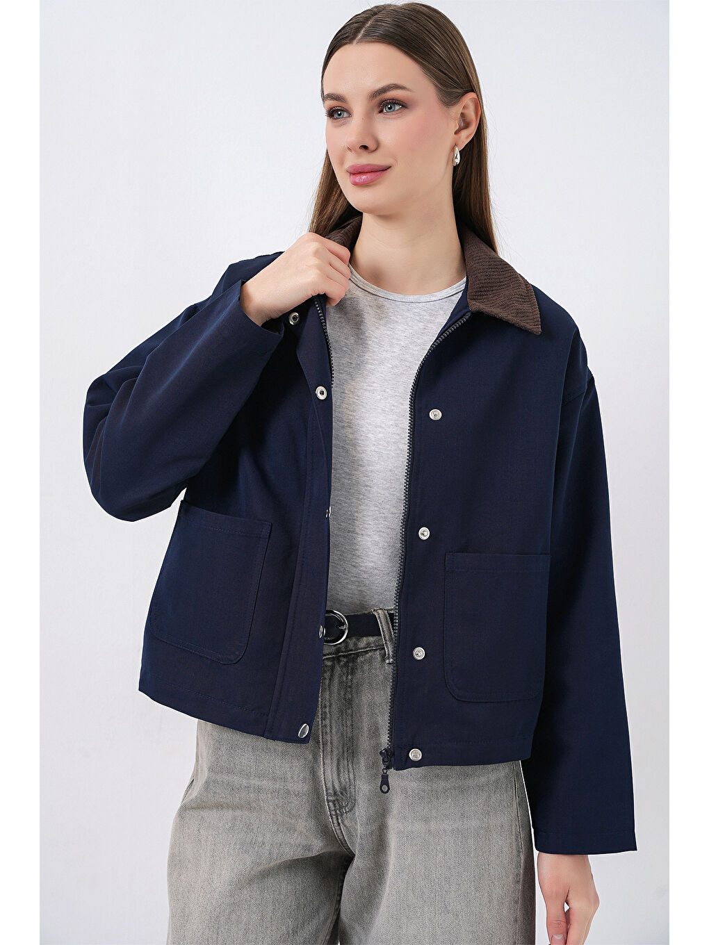 Kadın Cep Detaylı Kısa Ceket 5975 - Lacivert-2