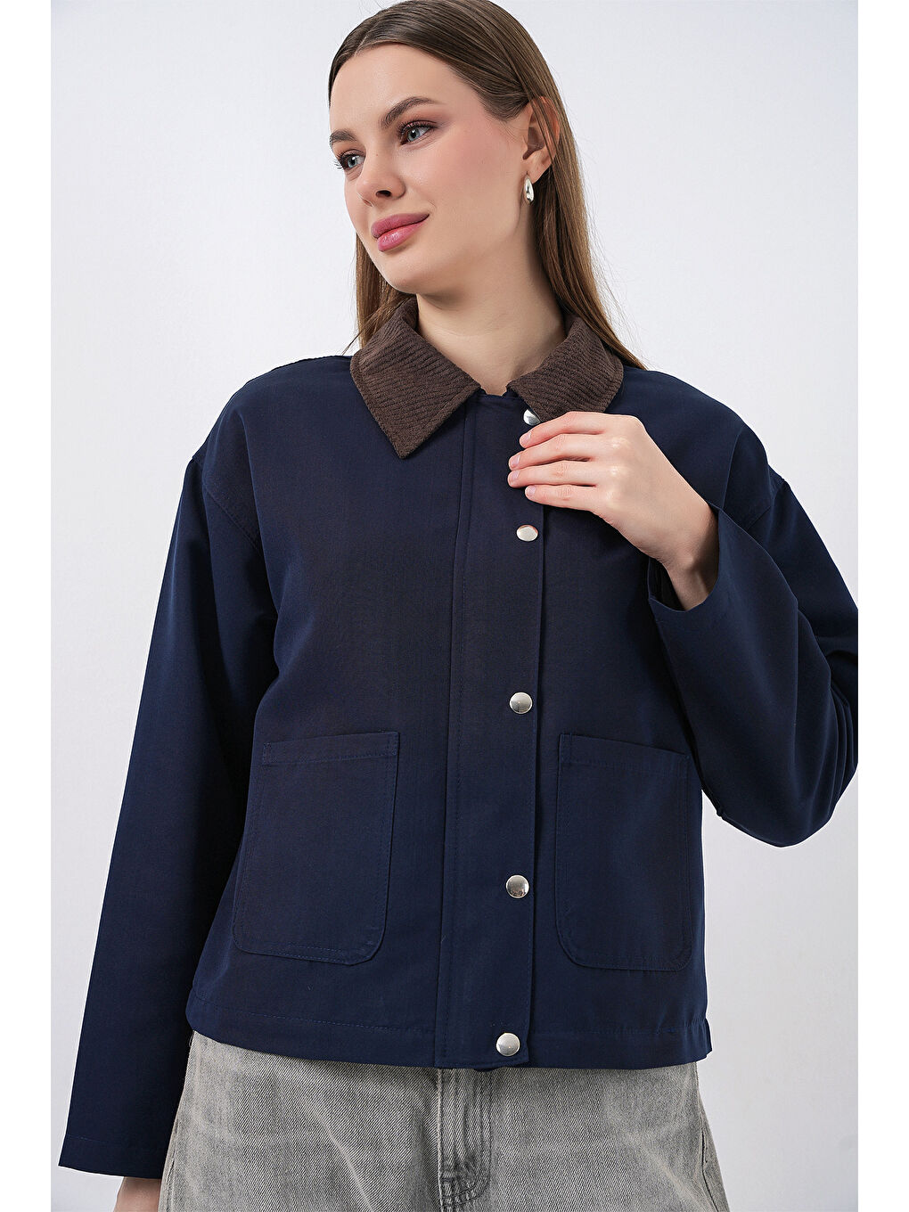 Kadın Cep Detaylı Kısa Ceket 5975 - Lacivert-3