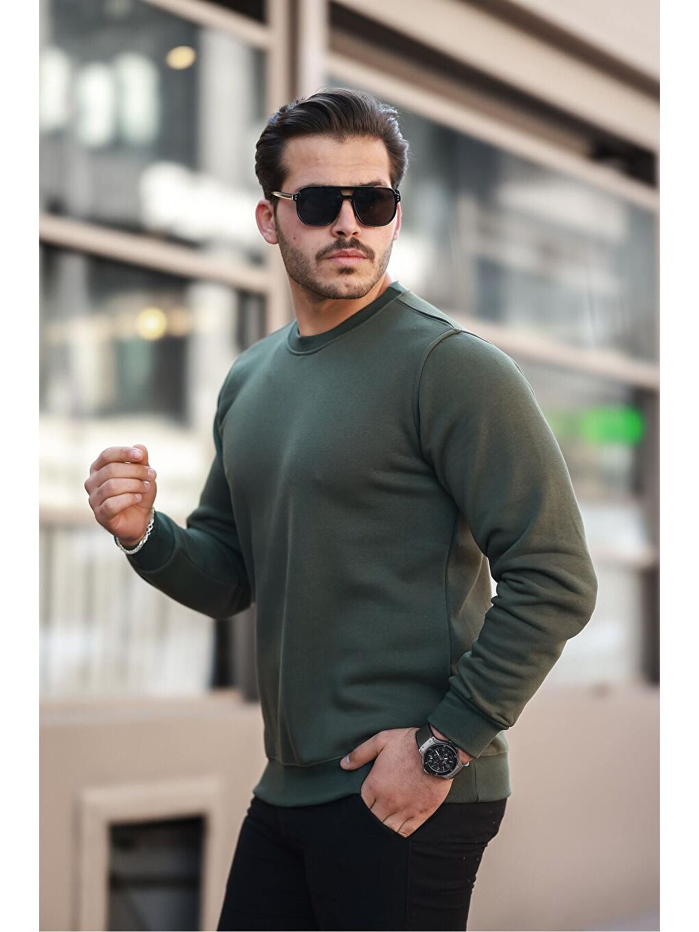 Erkek Bisiklet Yaka Basic Uzun Kollu Dar Haki Sweat-1