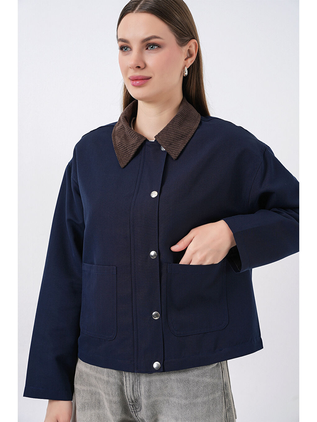 Kadın Cep Detaylı Kısa Ceket 5975 - Lacivert-4