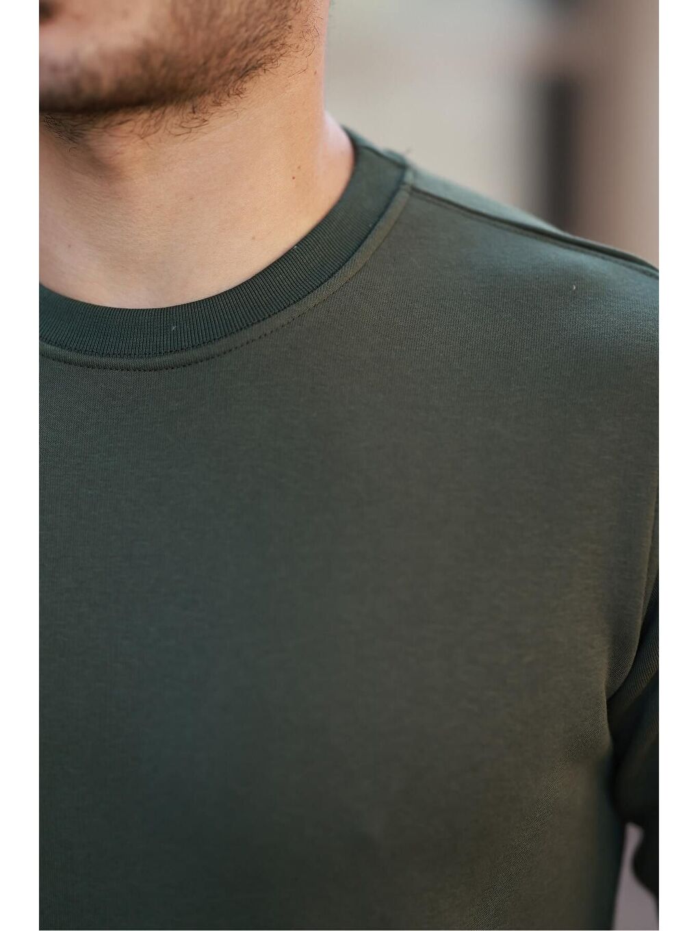 Erkek Bisiklet Yaka Basic Uzun Kollu Dar Haki Sweat-2