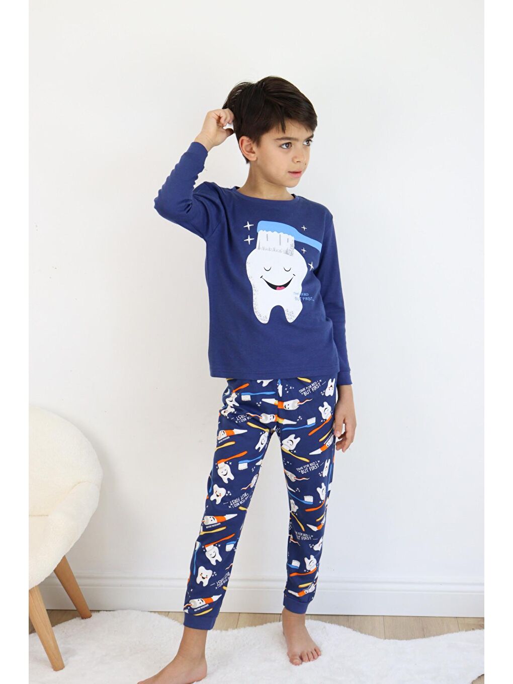 Mavi Erkek Çocuk Baskılı interlok Kumaş Uzun Kollu Pijama Takımı