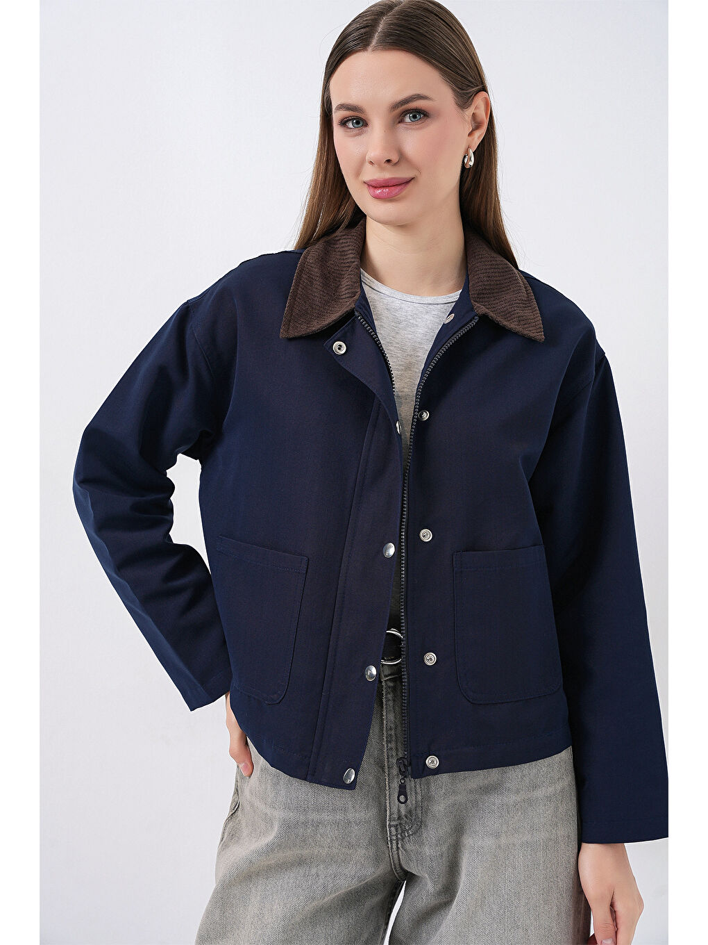 Kadın Cep Detaylı Kısa Ceket 5975 - Lacivert-5