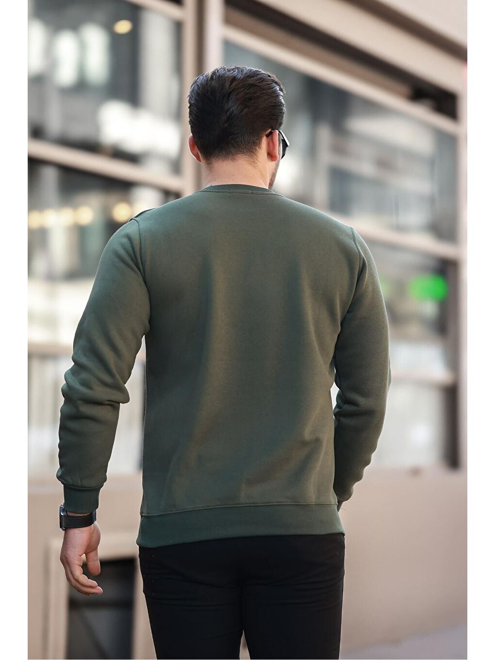 Erkek Bisiklet Yaka Basic Uzun Kollu Dar Haki Sweat-3