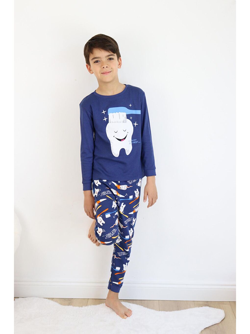 Mavi Erkek Çocuk Baskılı interlok Kumaş Uzun Kollu Pijama Takımı-1