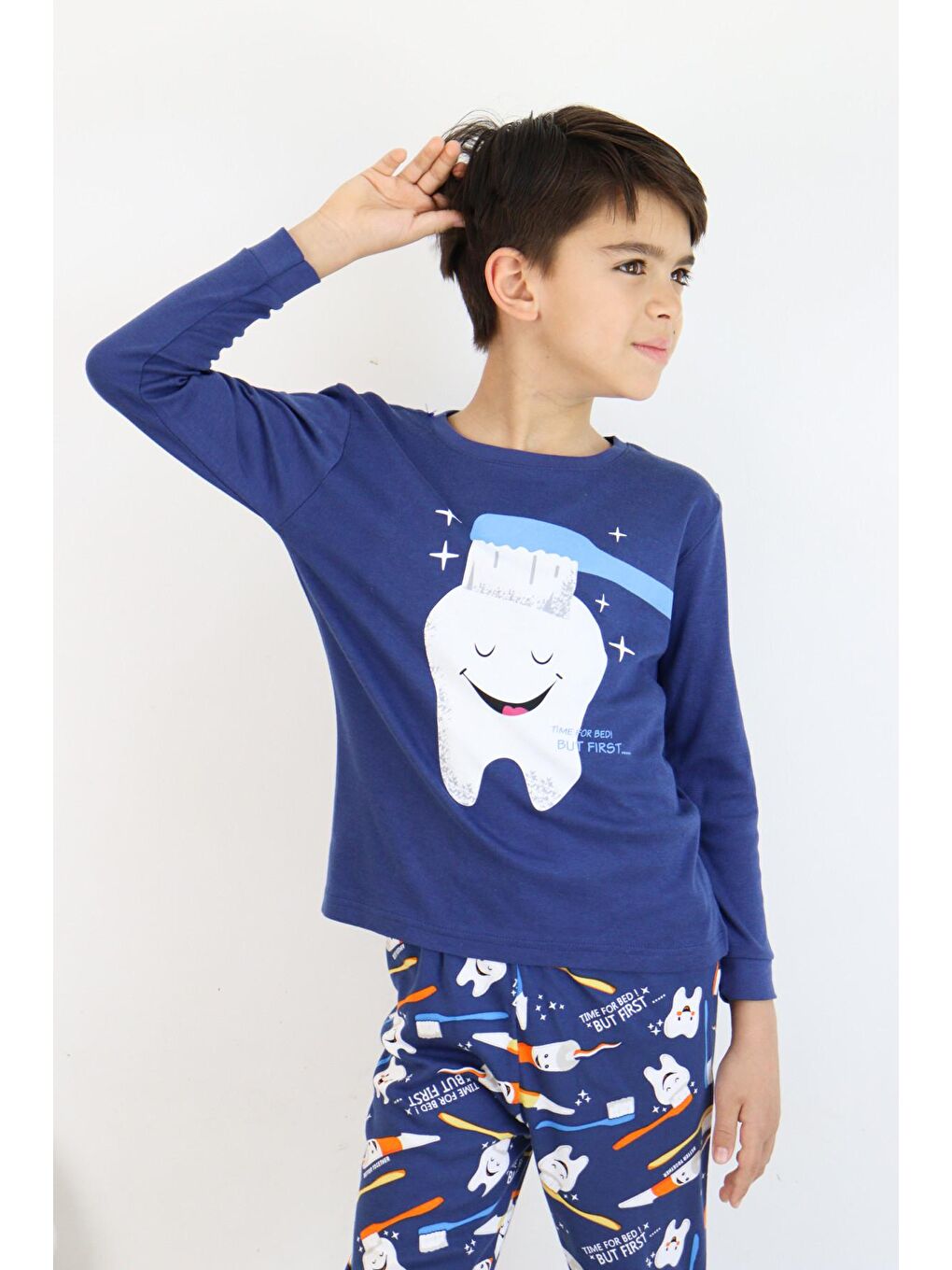 Mavi Erkek Çocuk Baskılı interlok Kumaş Uzun Kollu Pijama Takımı-2