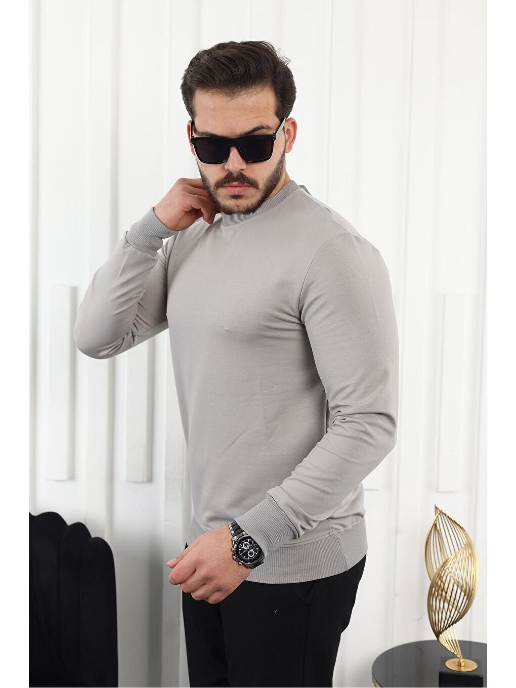 Kahverengi Erkek Kompakt Pamuklu Slim Fit Sweatshirt-2