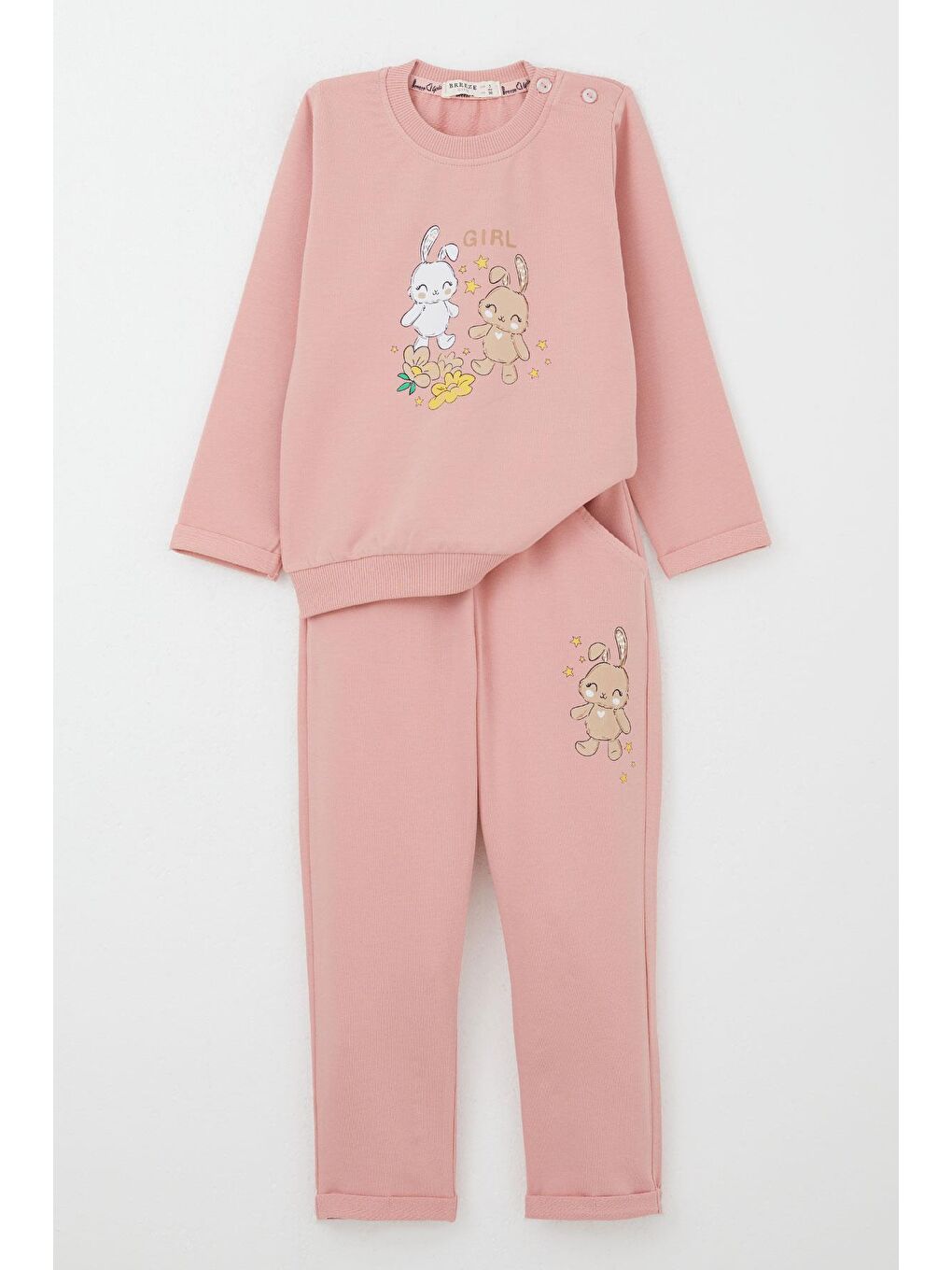 Pembe Kız Bebek Eşofman Takım Mutlu Arkadaş Tavşancıklar Baskılı Çiçekli Gülkurusu (9 Ay-3 Yaş)