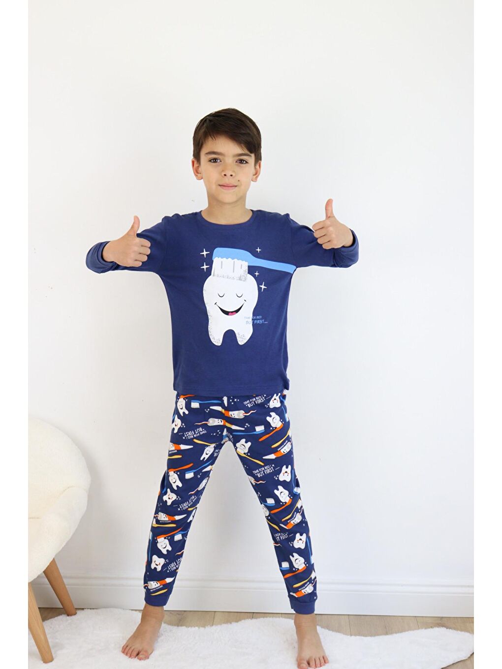 Mavi Erkek Çocuk Baskılı interlok Kumaş Uzun Kollu Pijama Takımı-3