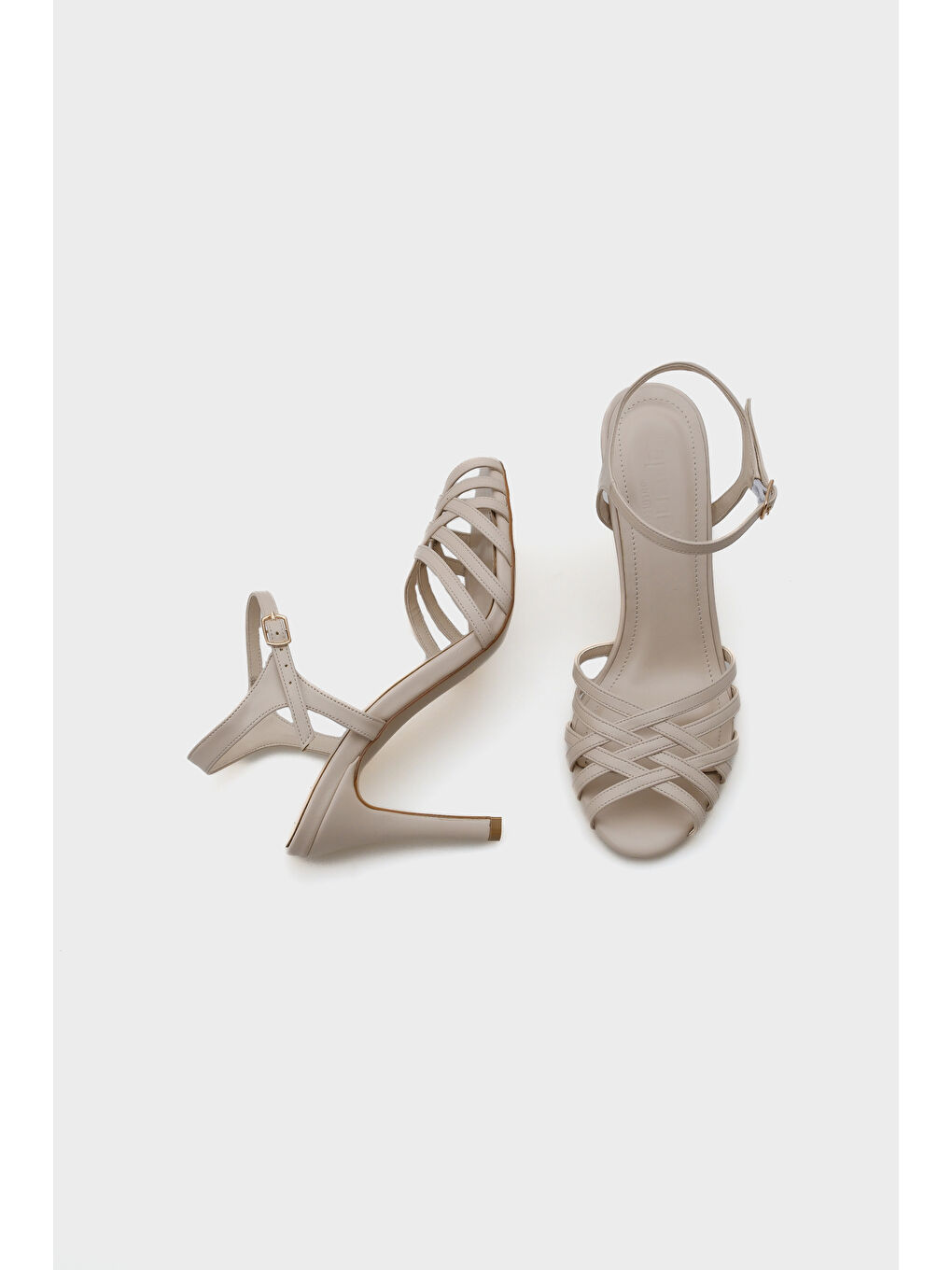 Ekru Corri Topuklu Kafes Örgülü Bilekten Bantlı Kadın Sandalet-4