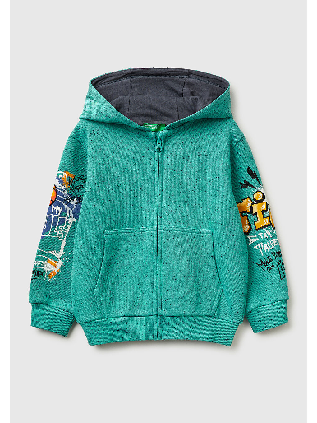 Erkek Çocuk Yeşil Fermuarlı Kol Baskılı Kapüşonlu Sweatshirt