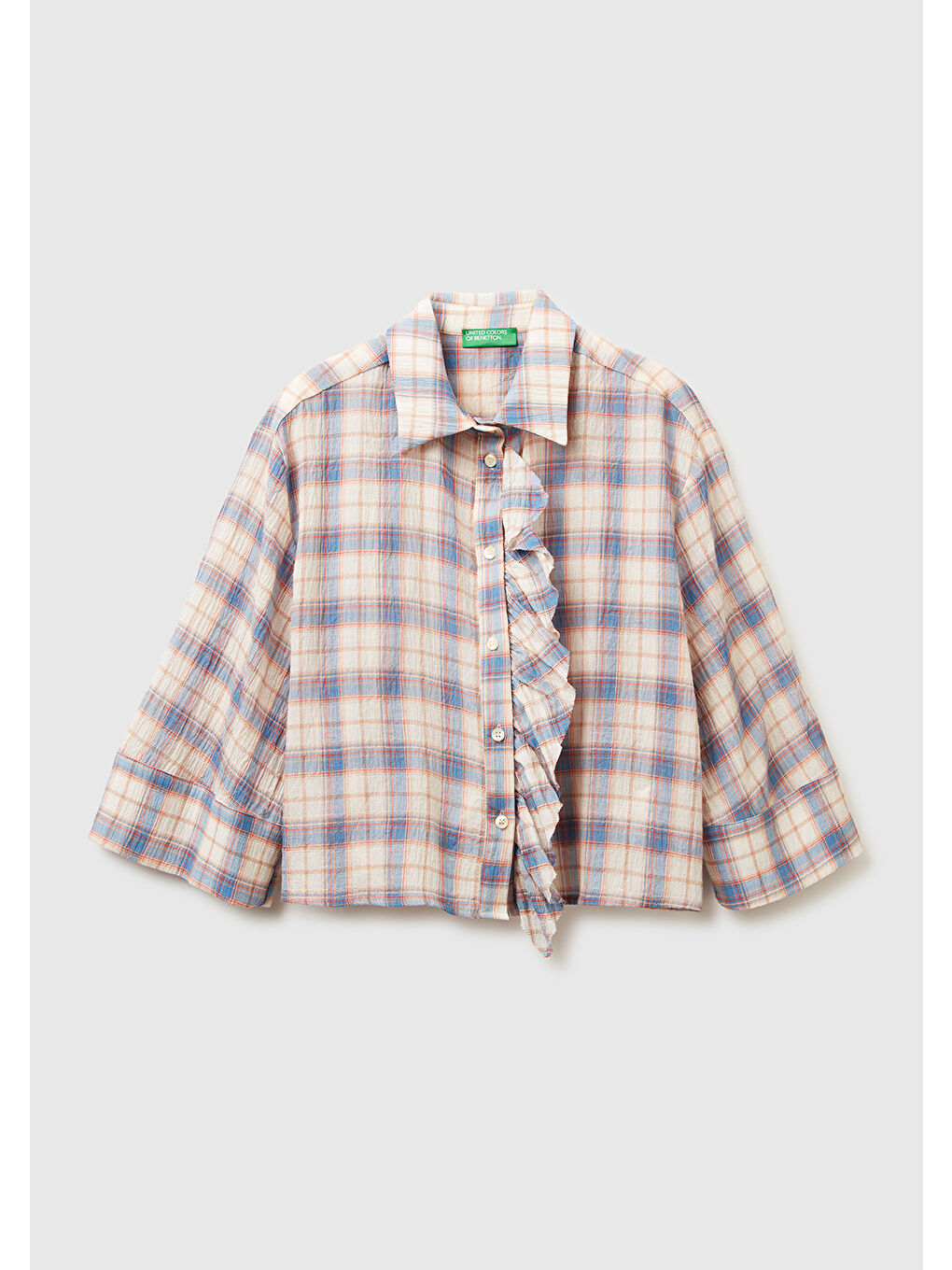 Kadın Mavi Pamuk Karışımlı Kareli Fırfır Detaylı Gömlek-1