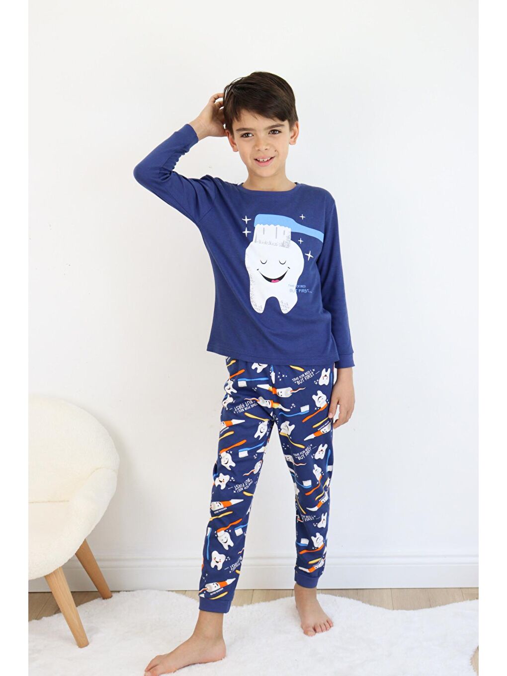 Mavi Erkek Çocuk Baskılı interlok Kumaş Uzun Kollu Pijama Takımı-4