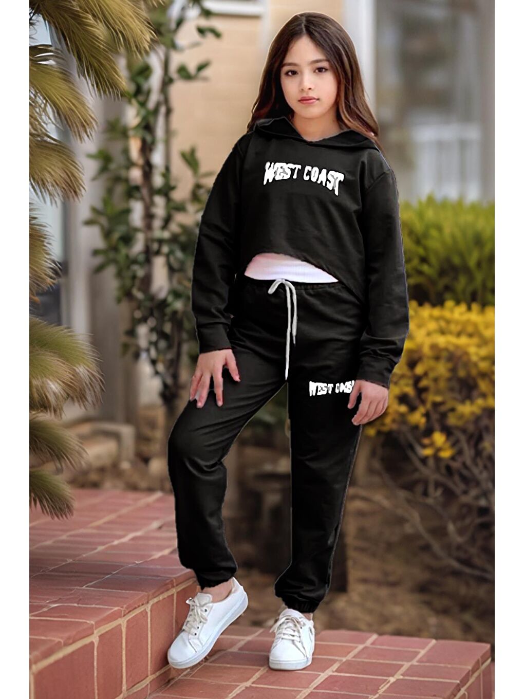 Kız Çocuk Kolsuz Bluz West Coast Baskı Kapüşonlu Crop Kaşkorse 3 lü Siyah Eşofman Takım-1