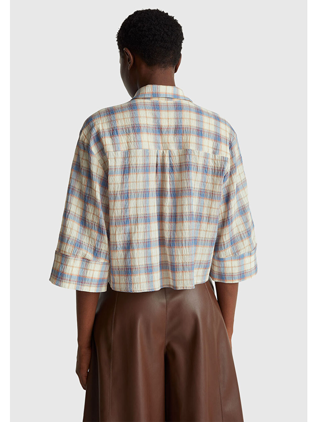 Kadın Mavi Pamuk Karışımlı Kareli Fırfır Detaylı Gömlek-2