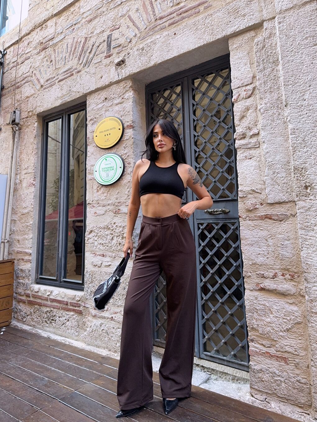 Kahverengi Çift Pileli Örme Palazzo Pantolon-1