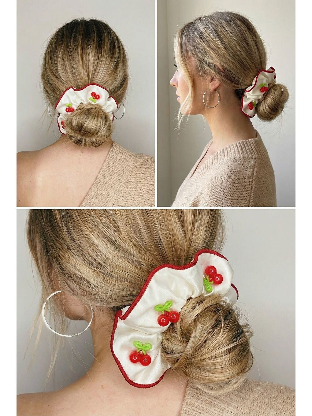 Kiraz Aksesuarlı Saten Ekru Lastik Toka-1