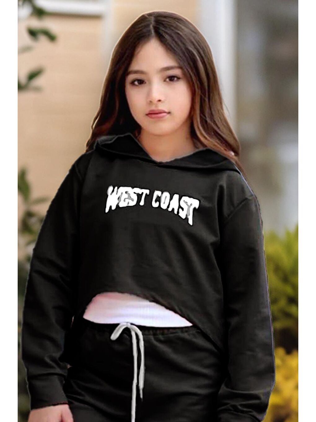 Kız Çocuk Kolsuz Bluz West Coast Baskı Kapüşonlu Crop Kaşkorse 3 lü Siyah Eşofman Takım-3