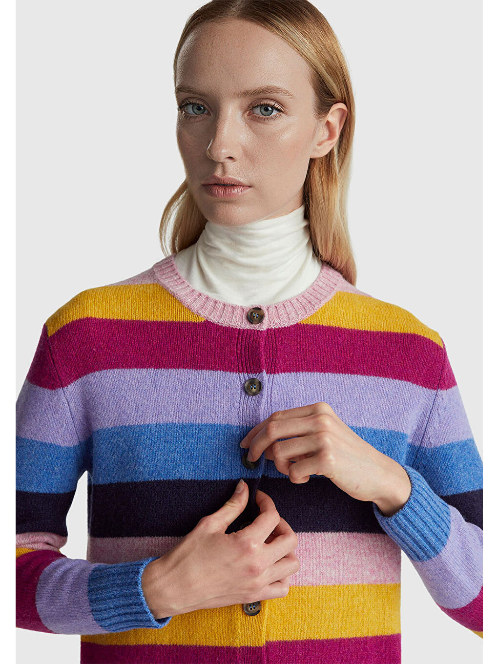 Karışık Kadın Çok Renkli %100 Yün Çizgili Shetland Hırka-5
