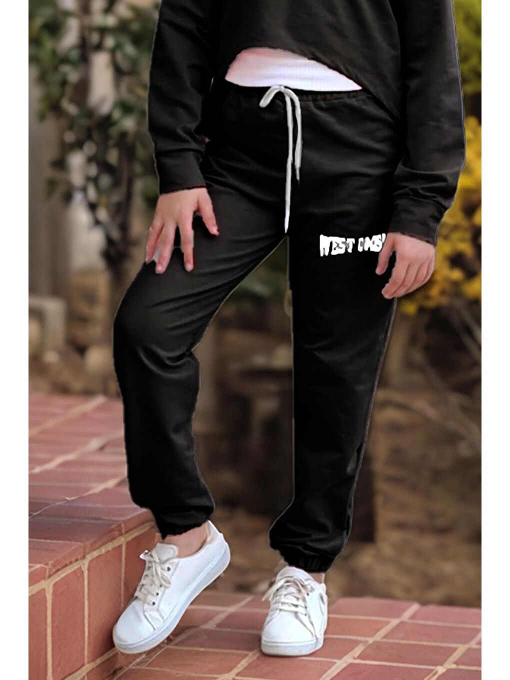 Kız Çocuk Kolsuz Bluz West Coast Baskı Kapüşonlu Crop Kaşkorse 3 lü Siyah Eşofman Takım-4