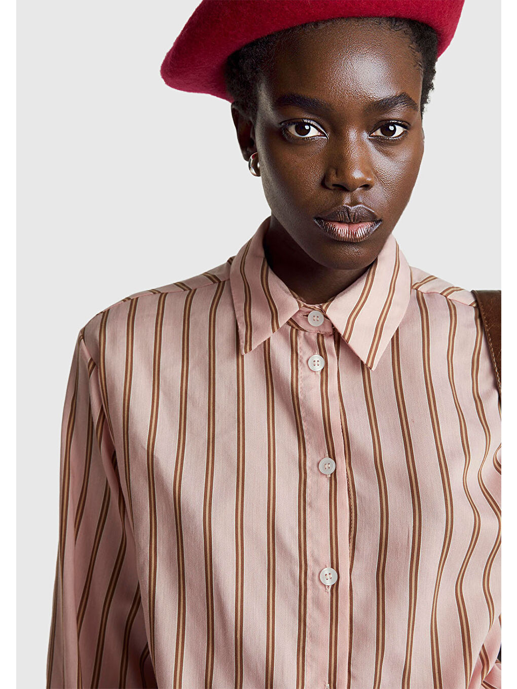 Kadın Pembe Viskoz Karışımlı Çizgili Altı Lastikli Relaxed Fit Gömlek-5