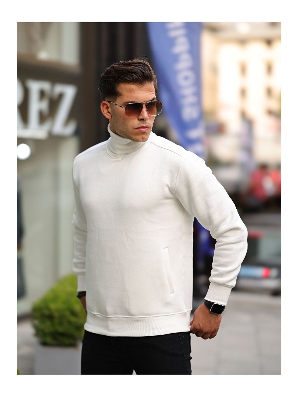 Ekru Boğazlı Cepli Üç iplik sweat-2