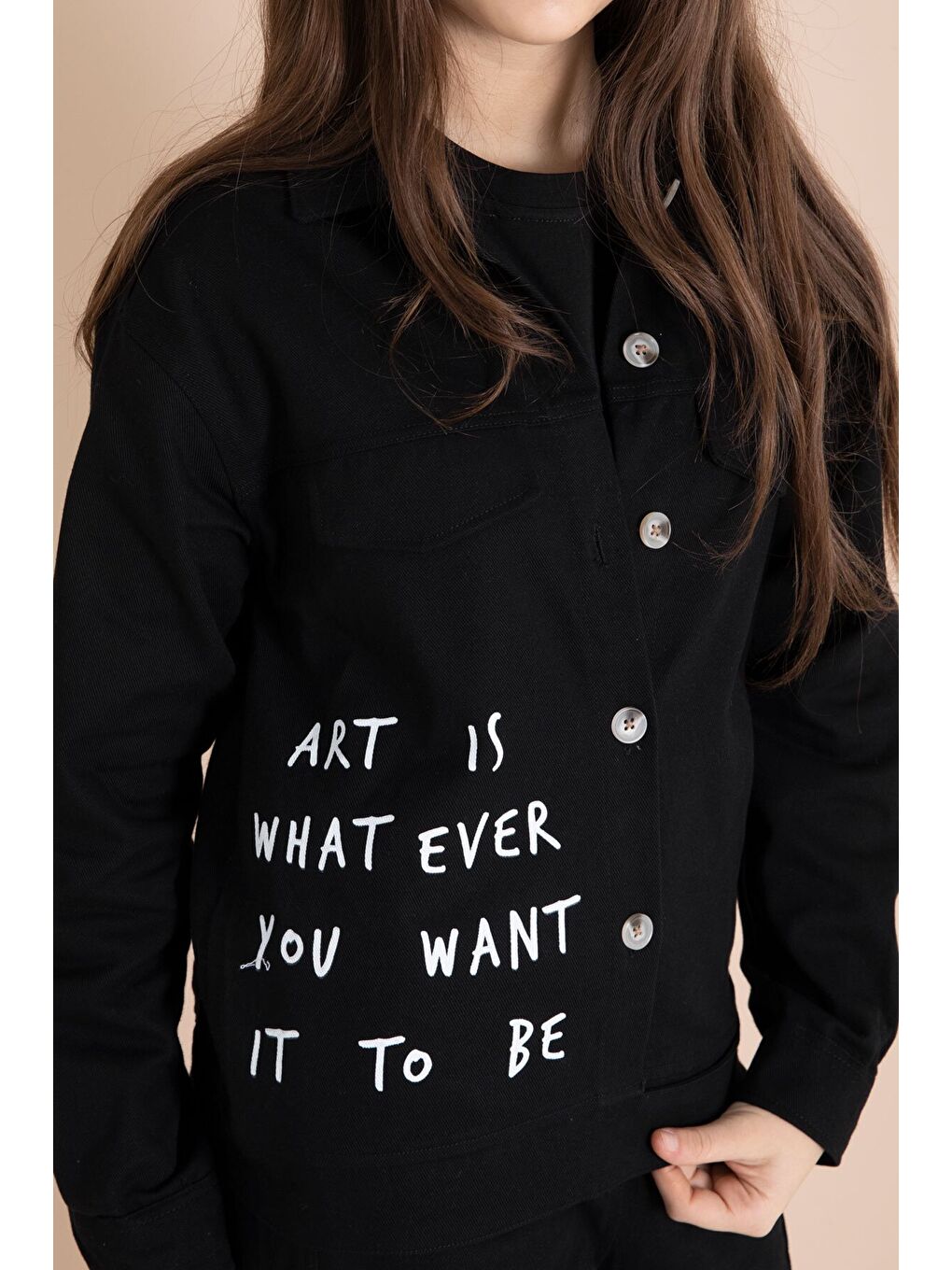 Siyah Yazı Detaylı Gömlekli Kız Çocuk Pantolonlu Gabardin Takım 23563-2