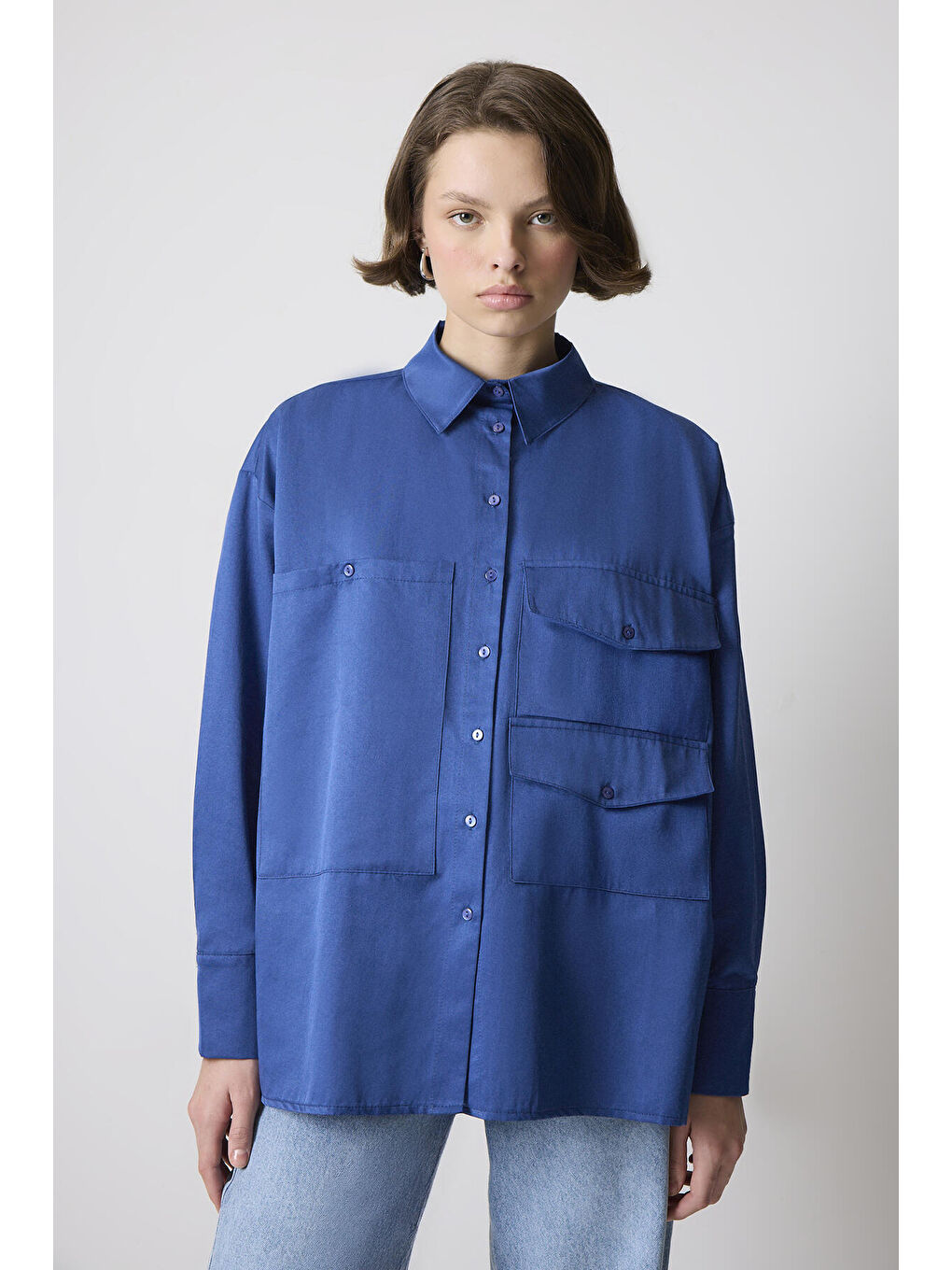 Lacivert Çift Kapak Detaylı Oversize Gömlek