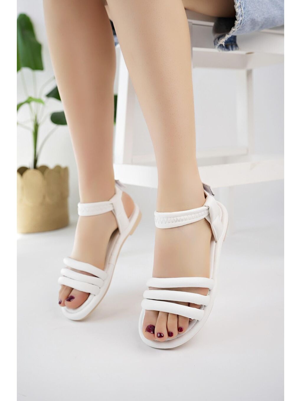 Beyaz EMMA Cırtlı Kadın Sandalet Hafif Yazlık Ayakkabı Anatomik Taban-2
