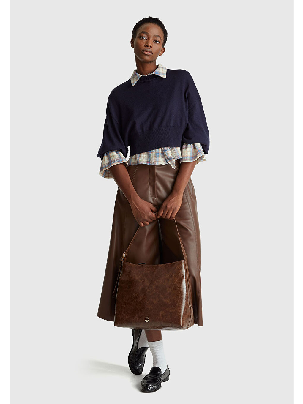 Kadın Mavi Pamuk Karışımlı Kareli Fırfır Detaylı Gömlek-4