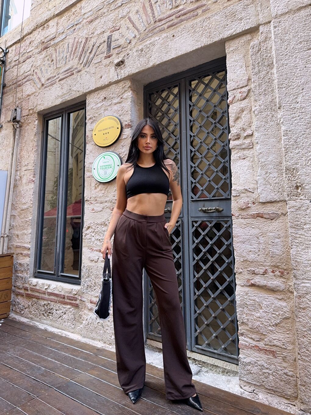 Kahverengi Çift Pileli Örme Palazzo Pantolon