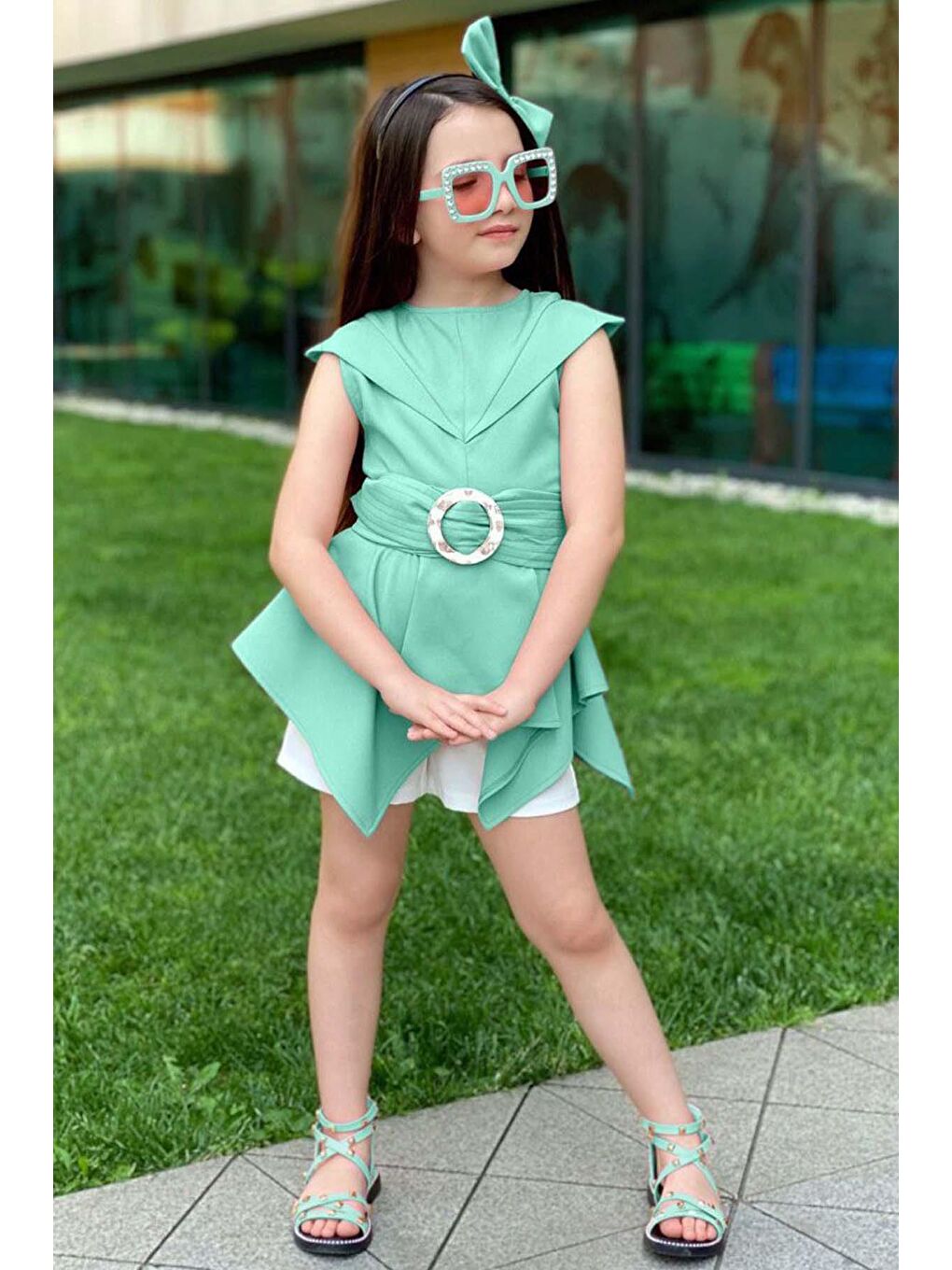 Kız Çocuk Sıfır Kol Asimetik Kesim Kemerli Turkuaz Tunik Şortlu Takım-2