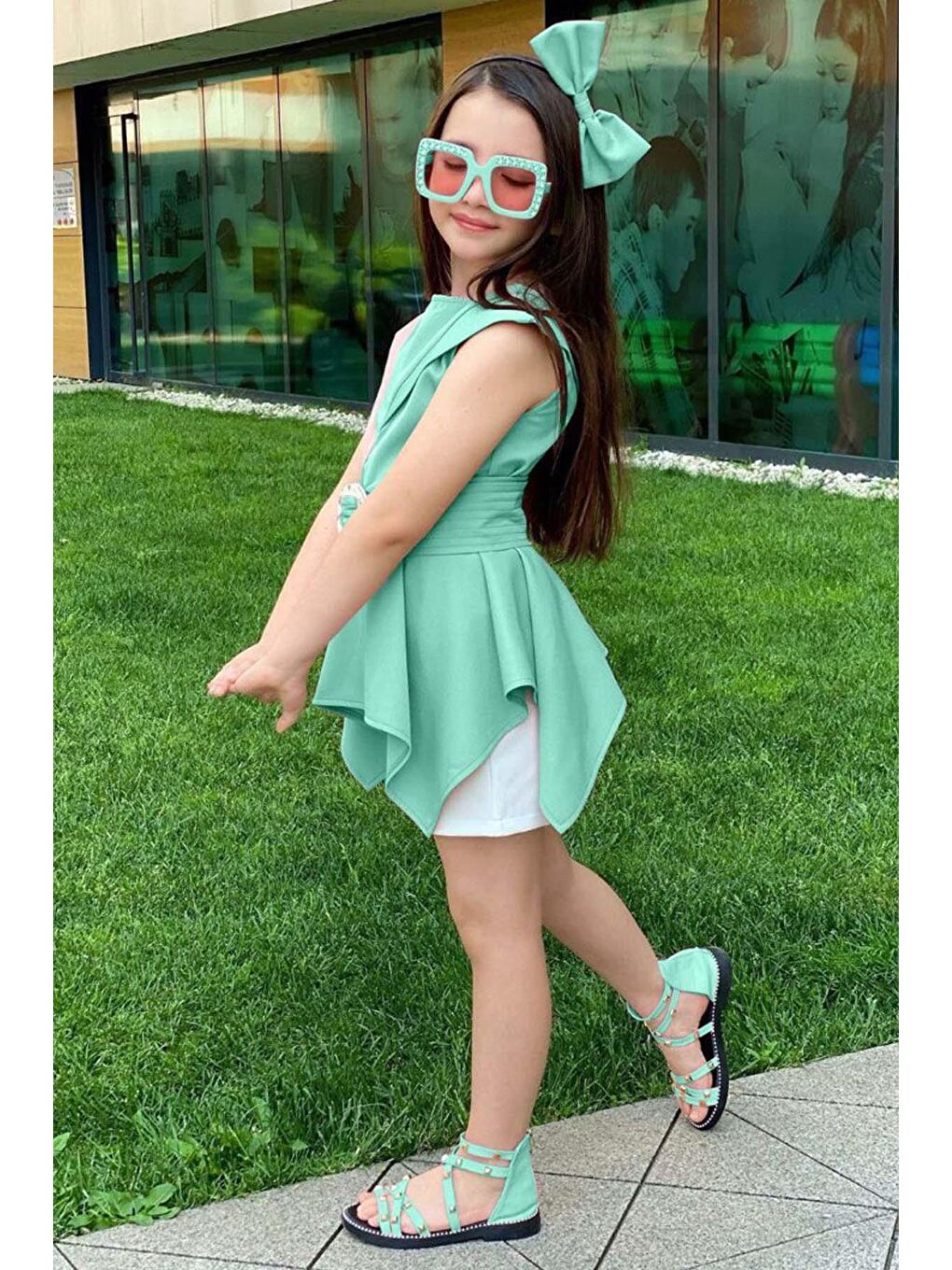 Kız Çocuk Sıfır Kol Asimetik Kesim Kemerli Turkuaz Tunik Şortlu Takım-3