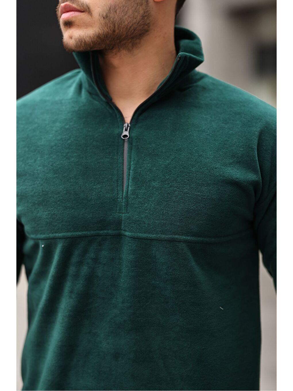 Yeşil Yarım Fermuarlı Polar Sweatshirt-1