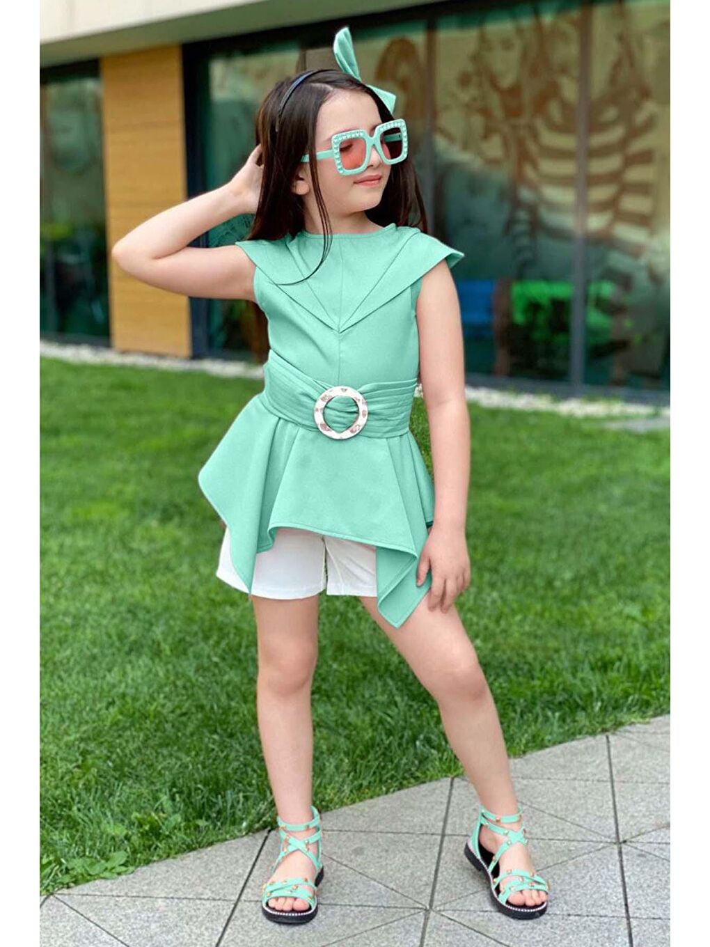 Kız Çocuk Sıfır Kol Asimetik Kesim Kemerli Turkuaz Tunik Şortlu Takım-4