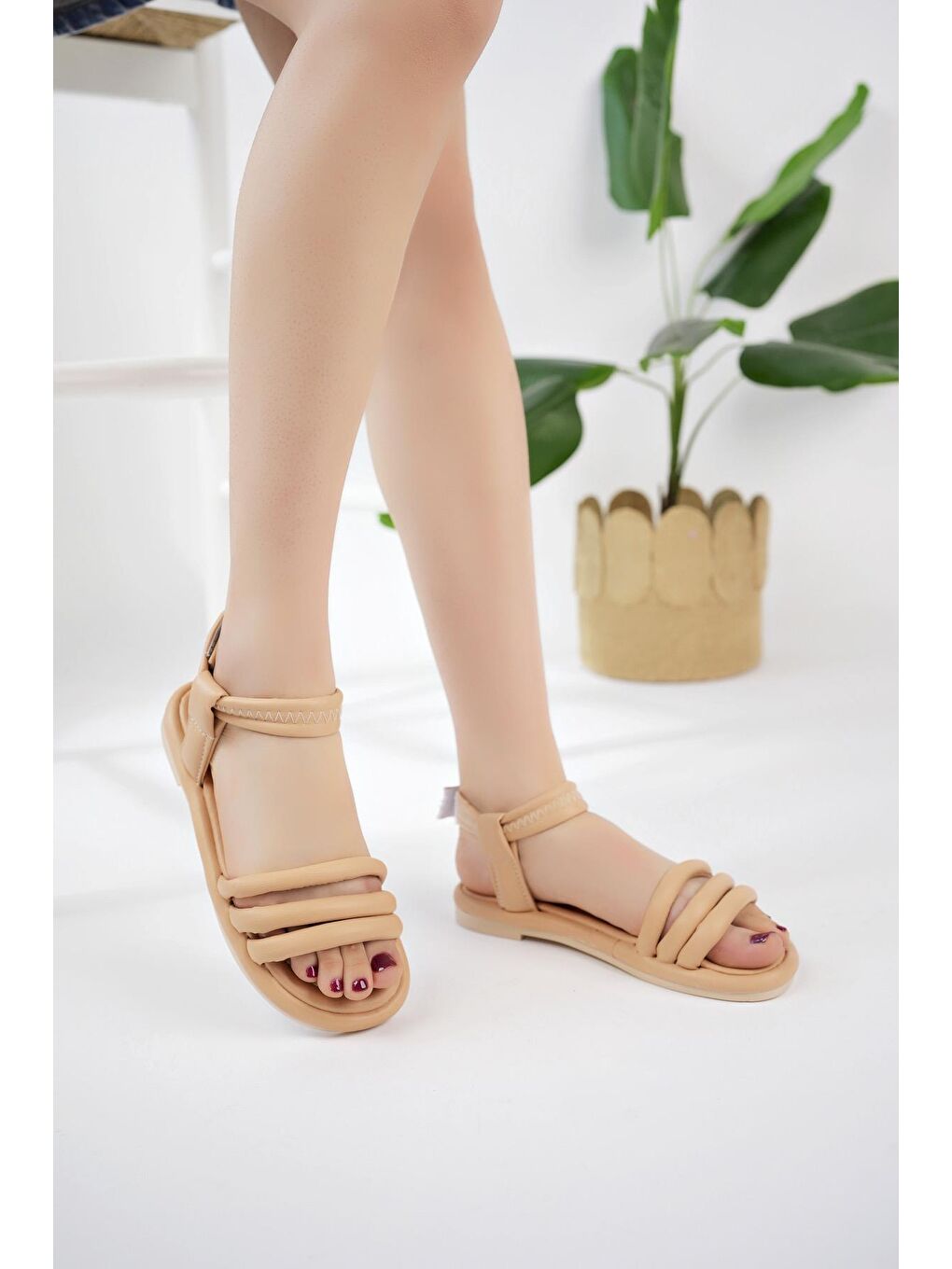 Bej EMMA Cırtlı Kadın Sandalet Hafif Yazlık Ayakkabı Anatomik Taban
