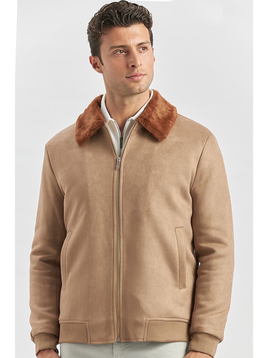 Kahverengi Koyu Camel Dolumlu Kürklü Yaka Elastanlı Astar Slim Fit Dar Kesim Casual Mont 1007245152