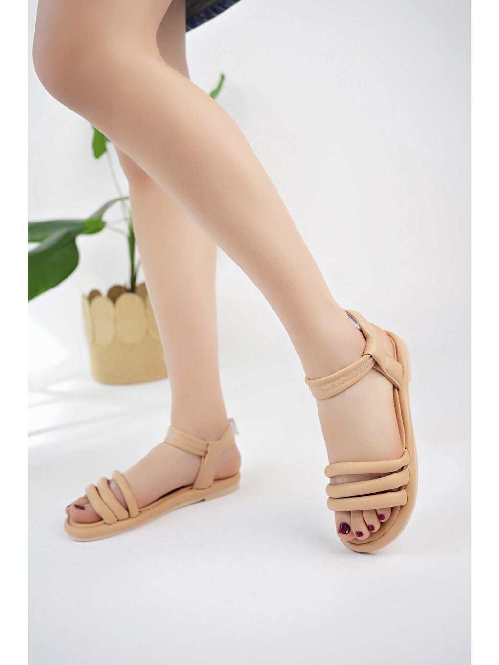 Bej EMMA Cırtlı Kadın Sandalet Hafif Yazlık Ayakkabı Anatomik Taban-1