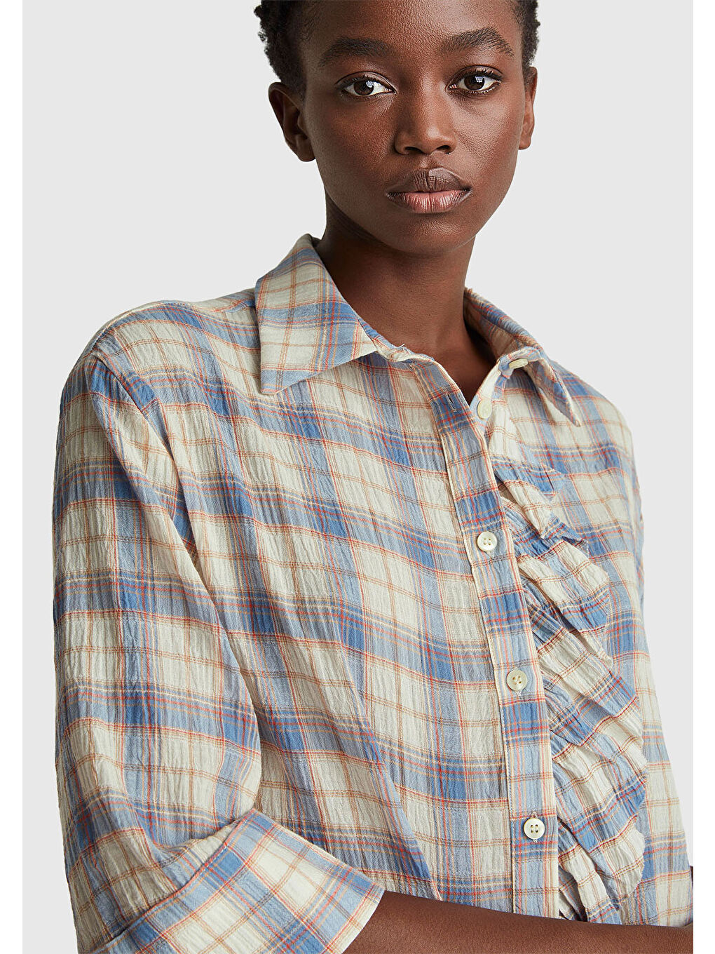 Kadın Mavi Pamuk Karışımlı Kareli Fırfır Detaylı Gömlek-5