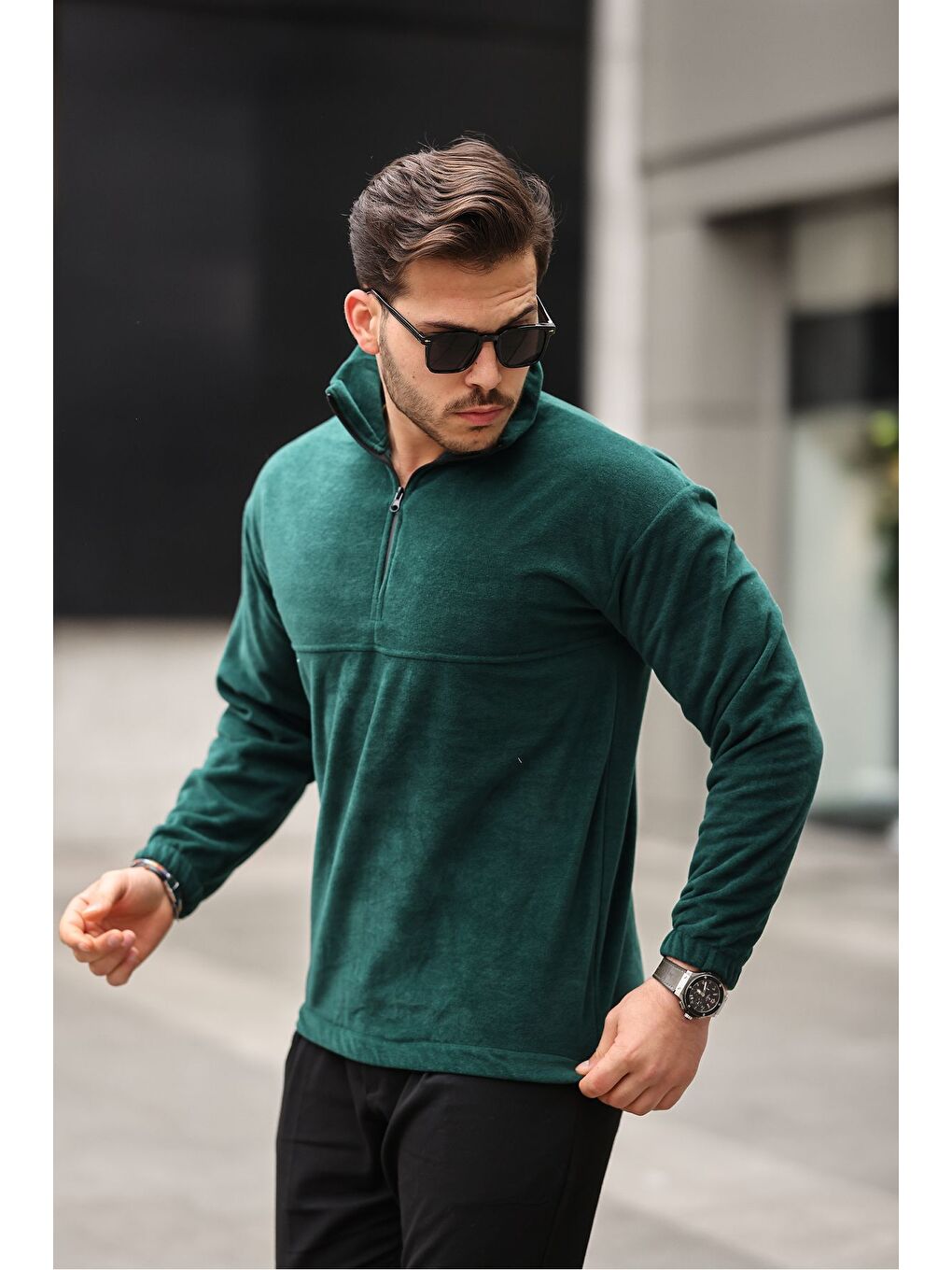 Yeşil Yarım Fermuarlı Polar Sweatshirt-2