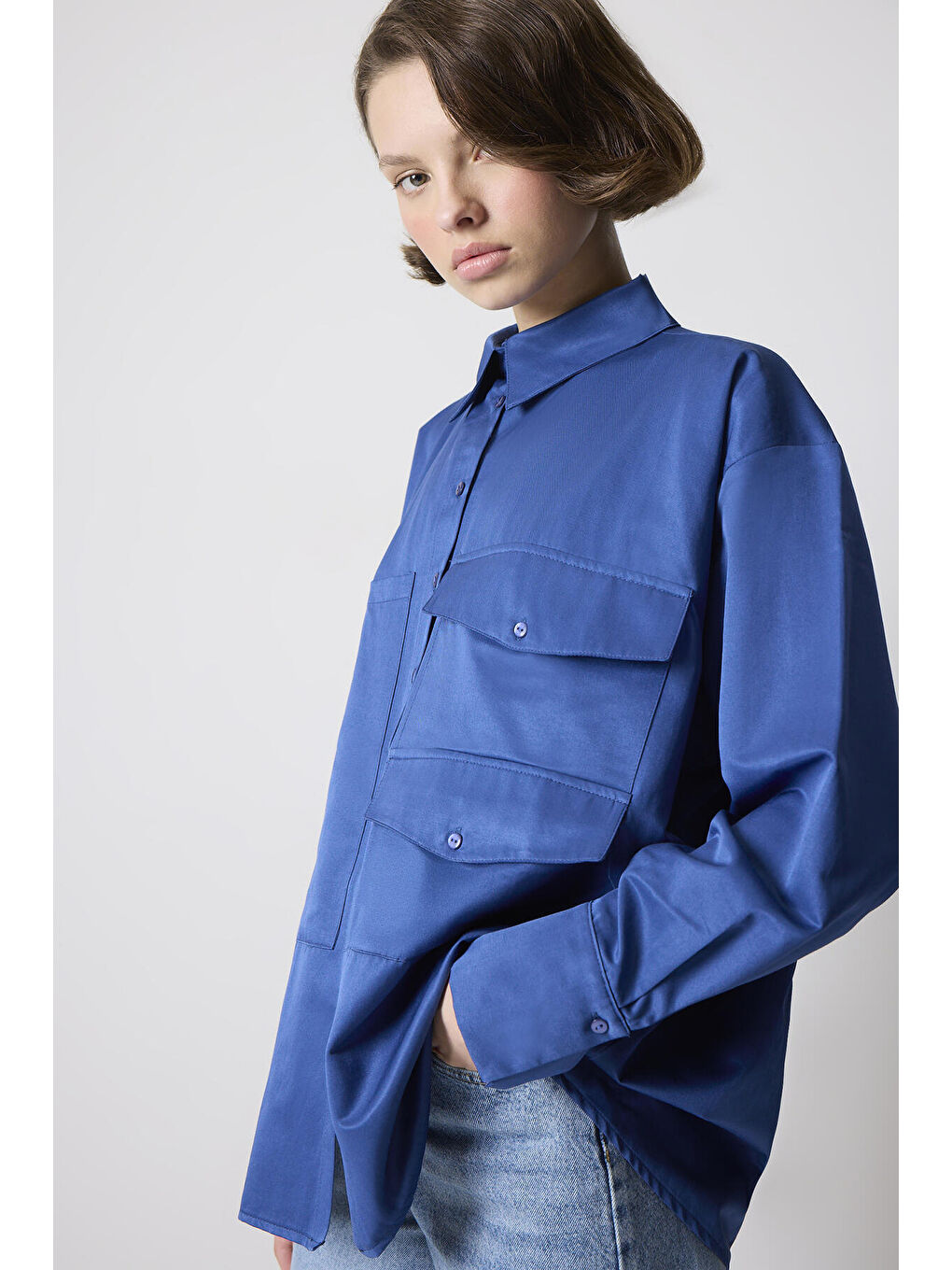 Lacivert Çift Kapak Detaylı Oversize Gömlek-1