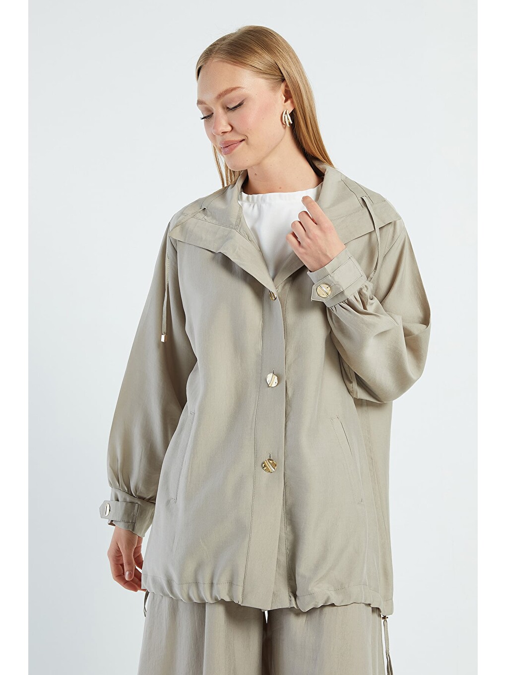 Turkuaz Düğmeli Stoperli Oversize Trençkot-4