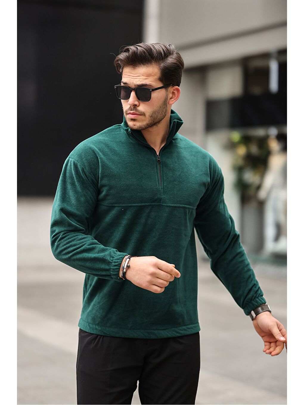 Yeşil Yarım Fermuarlı Polar Sweatshirt-3