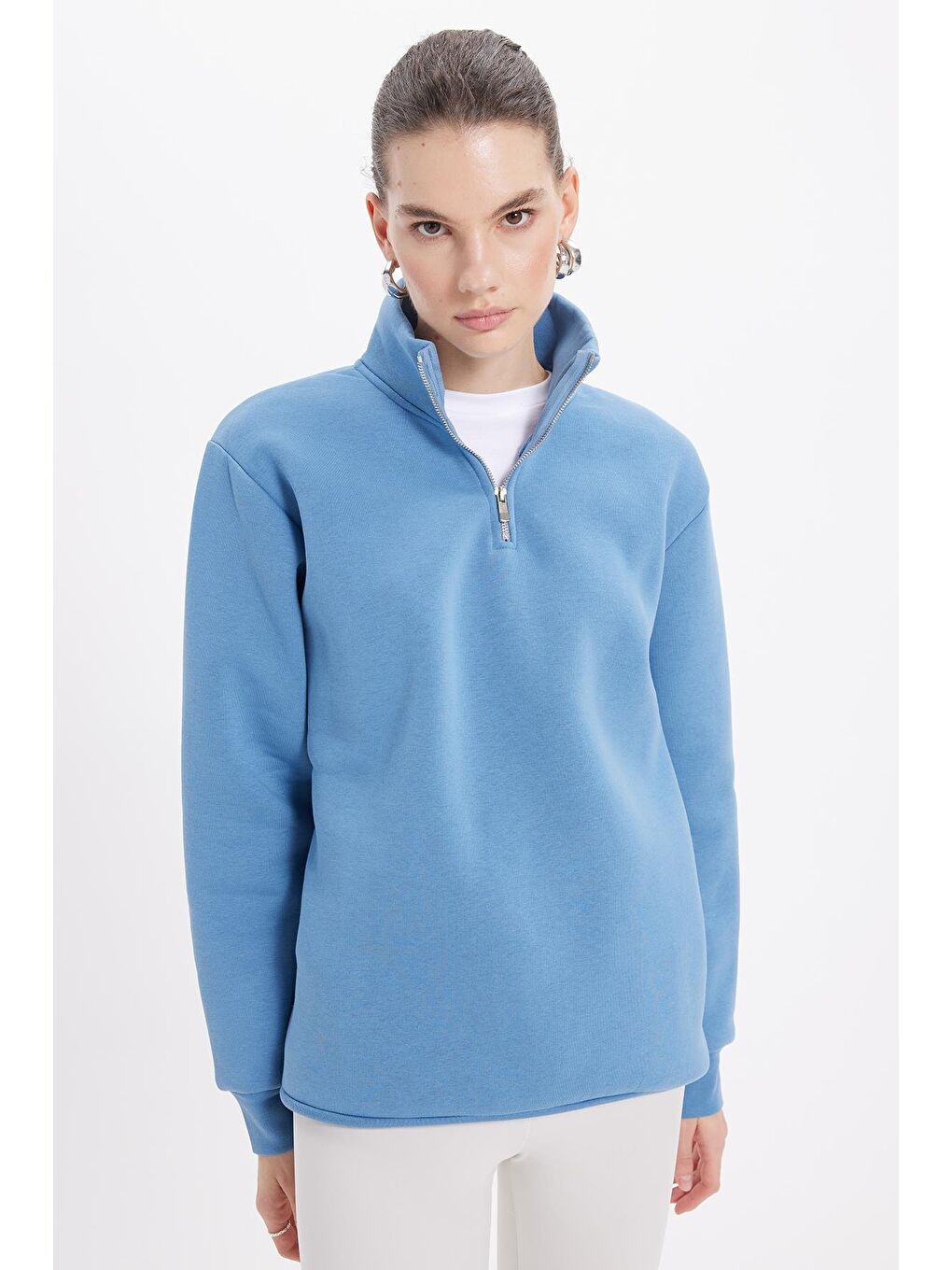 Kadın Relax Fit Rahat Kesim Pamuklu İçi Polarlı Yarım Fermuarlı Mavi Dik Yaka Sweatshirt-4