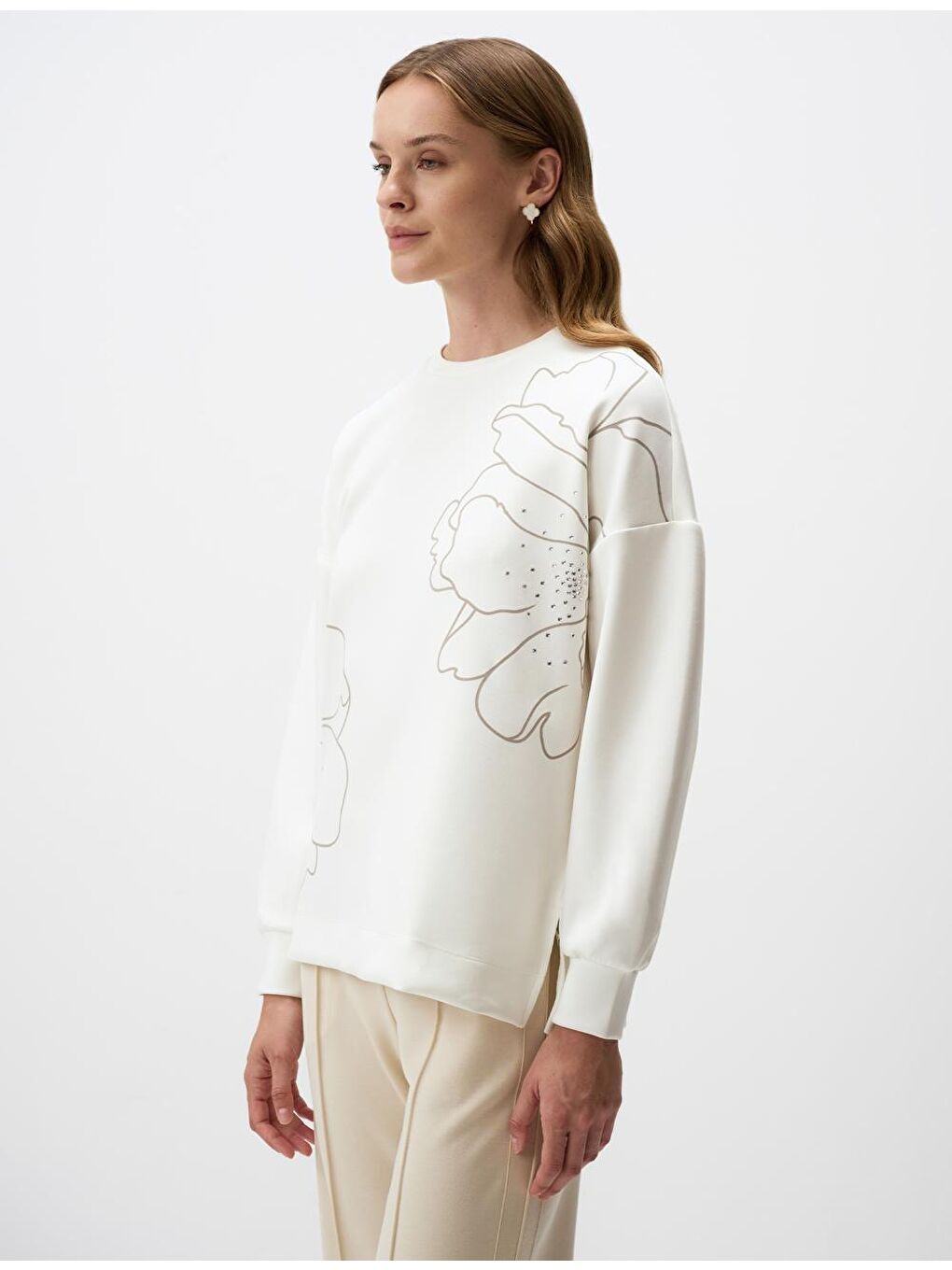 Jimmy Key Ekru Floral Desenli Bisiklet Yaka Örme Sweatshirt - 2