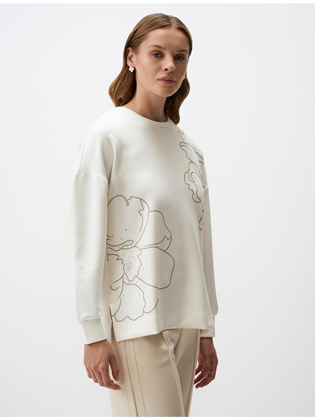 Jimmy Key Ekru Floral Desenli Bisiklet Yaka Örme Sweatshirt - 3