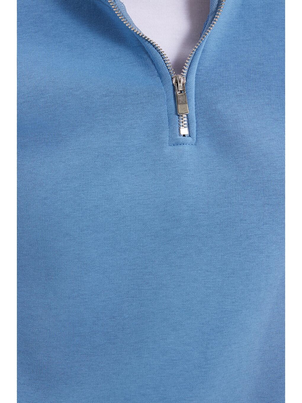 Kadın Relax Fit Rahat Kesim Pamuklu İçi Polarlı Yarım Fermuarlı Mavi Dik Yaka Sweatshirt-5