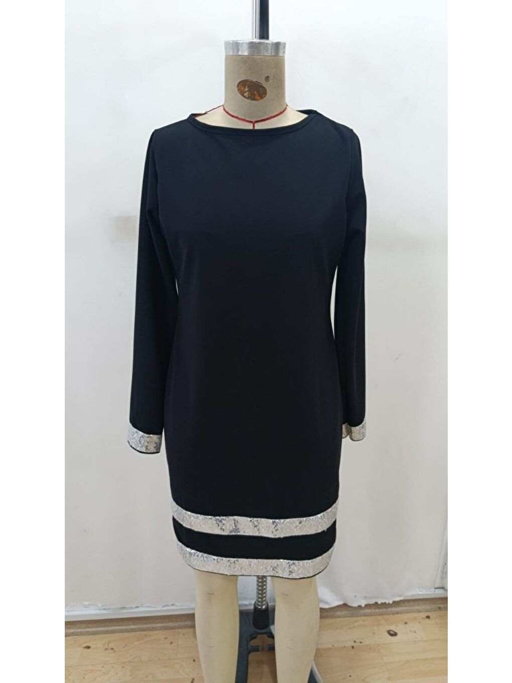 Siyah Kadın Uzun Kollu Bisiklet Yaka Mini Ithal Krep Elbise-4